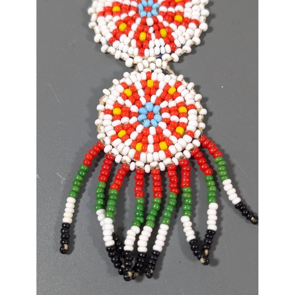 Vintage Native Triple Medallion Seed Bead Necklace Leather Back 24" - Picture 2 of 8